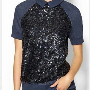 Navy Kate Spade Short Sleeve Sequined Collared Top - image 1